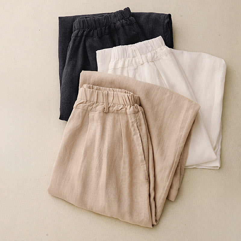 Solid Color Cotton Women's Wide Leg Pants With Pockets - Image 29