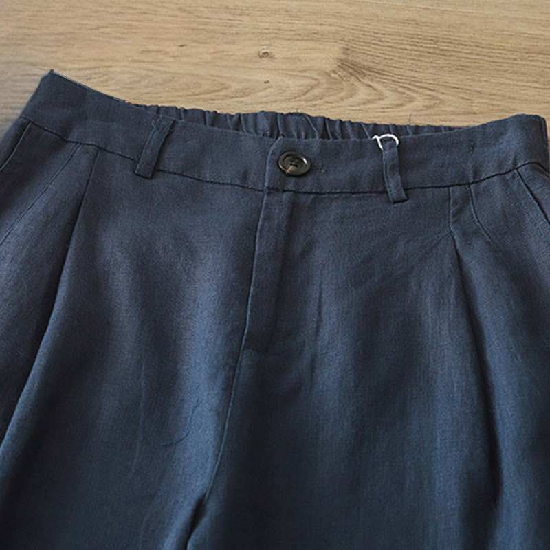 Solid Color Cotton Women's Button Wide Leg Pants With Pockets - Image 4