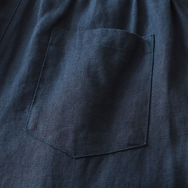 Solid Color Cotton Women's Button Wide Leg Pants With Pockets - Image 3