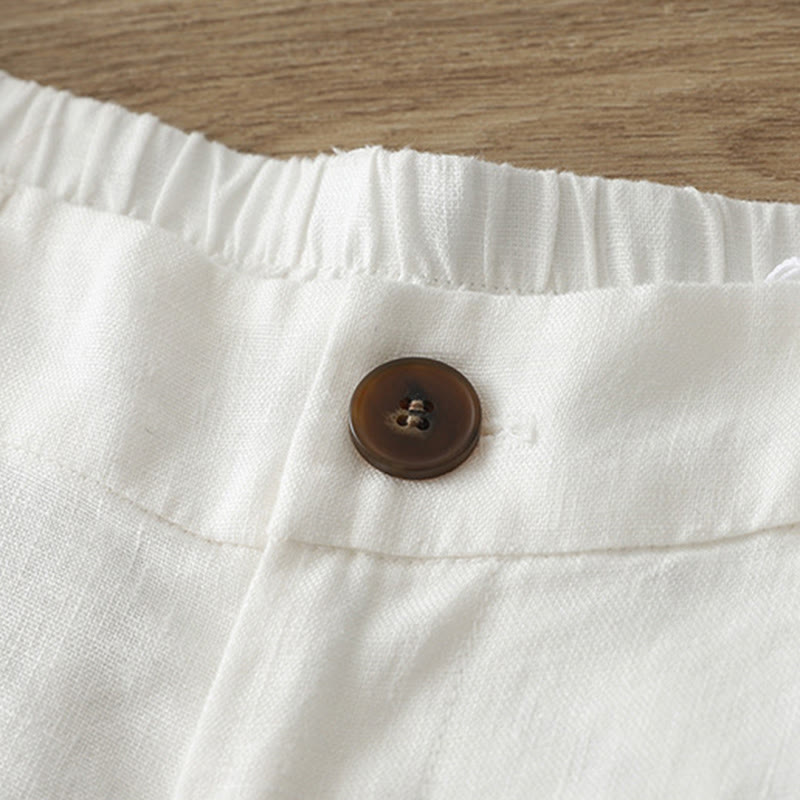 Solid Color Cotton Women's Button Wide Leg Pants With Pockets - Image 10