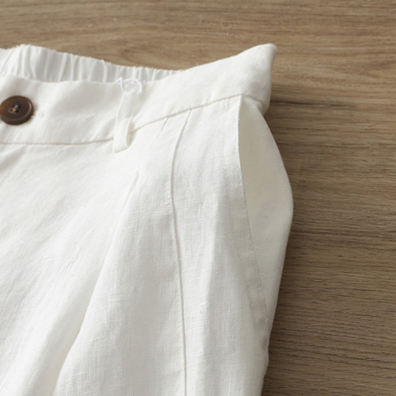 Solid Color Cotton Women's Button Wide Leg Pants With Pockets - Image 11