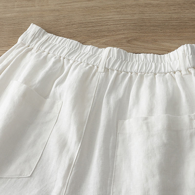 Solid Color Cotton Women's Button Wide Leg Pants With Pockets - Image 9