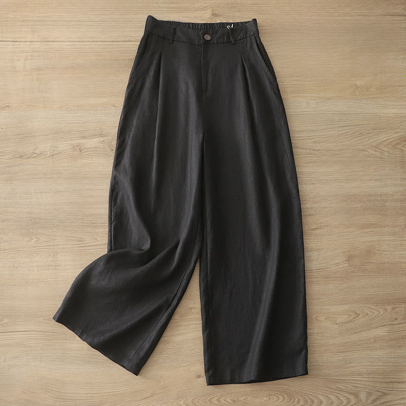 Solid Color Cotton Women's Button Wide Leg Pants With Pockets - Image 17