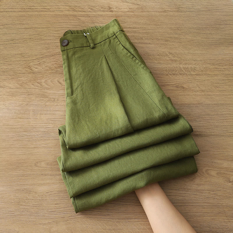 Solid Color Cotton Women's Button Wide Leg Pants With Pockets - Image 24