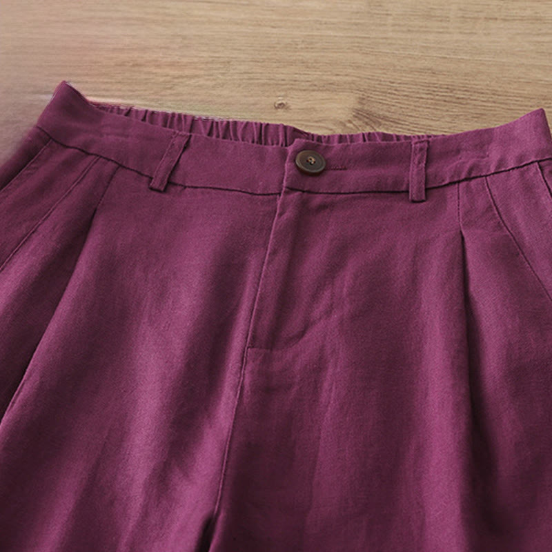 Solid Color Cotton Women's Button Wide Leg Pants With Pockets - Image 32