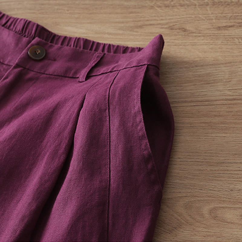 Solid Color Cotton Women's Button Wide Leg Pants With Pockets - Image 34