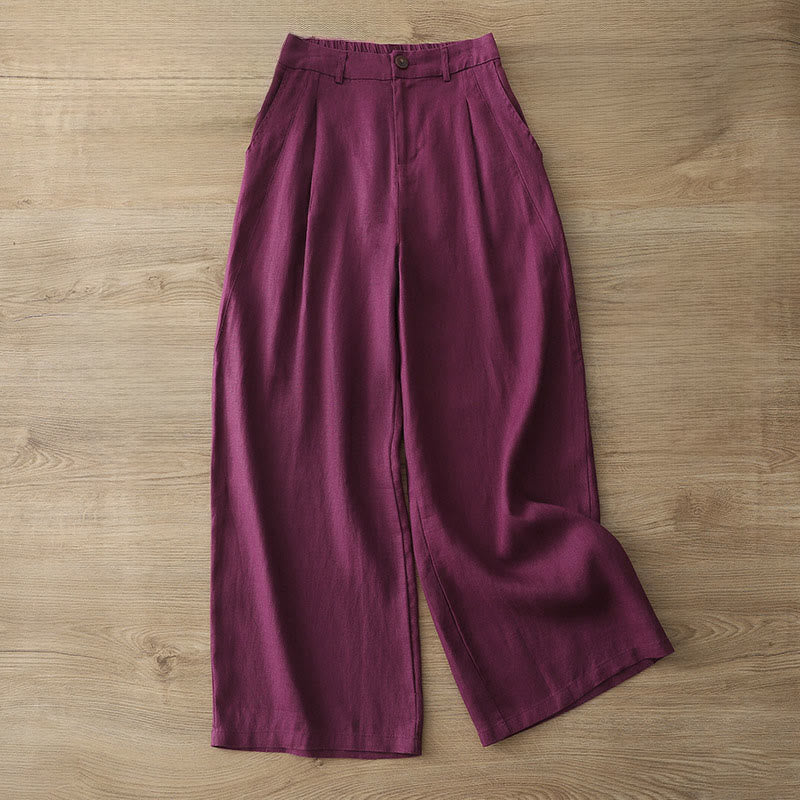 Solid Color Cotton Women's Button Wide Leg Pants With Pockets - Image 31