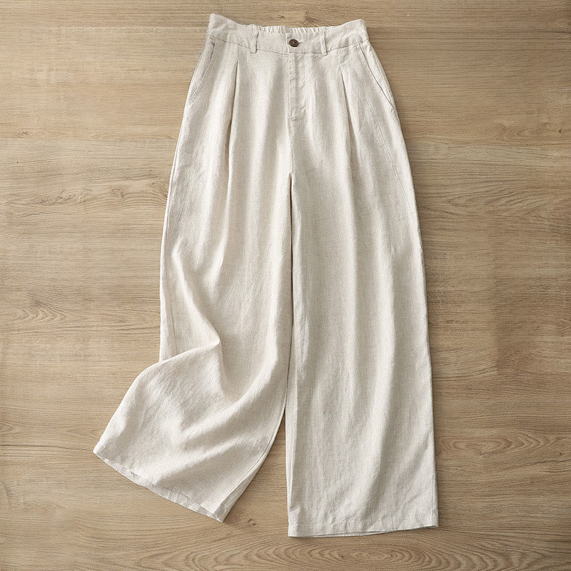 Solid Color Cotton Women's Button Wide Leg Pants With Pockets - Image 35
