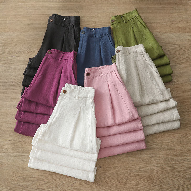 Solid Color Cotton Women's Button Wide Leg Pants With Pockets - Image 39