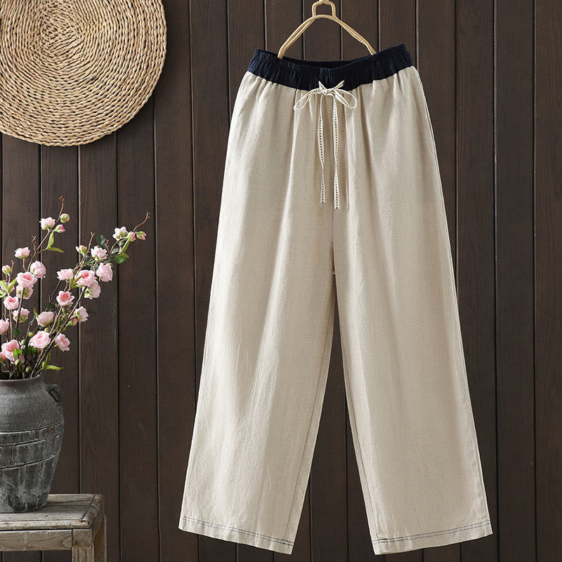 Casual Splicing Color Rope Women's Cotton Straight-leg Pants With Pockets