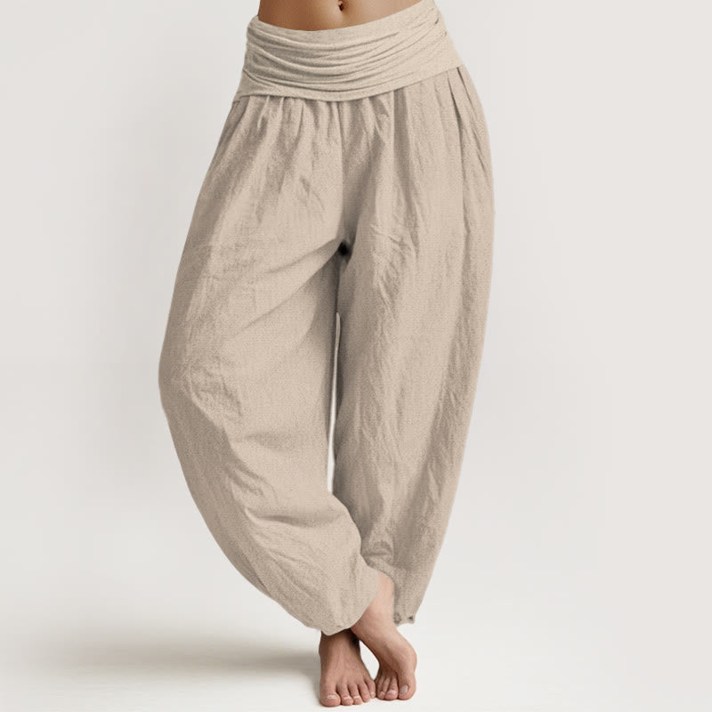 Solid Tan Color Women's Elastic Waist Harem Pure Cotton Pants