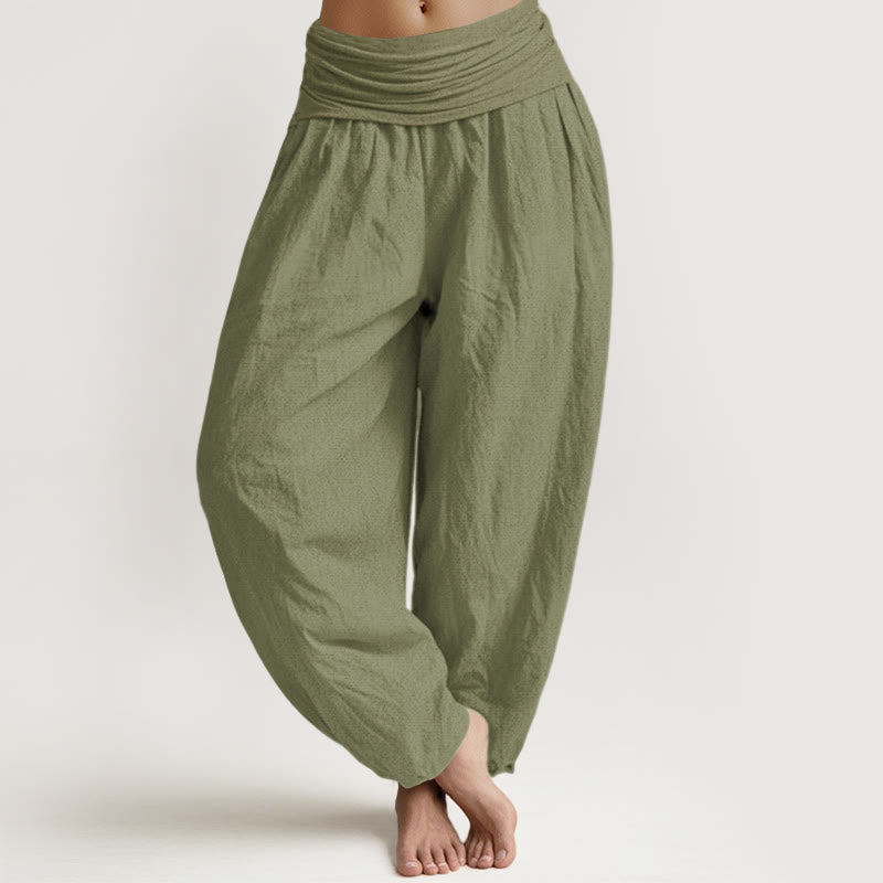 Solid Olivedrab Women's Elastic Waist Harem Pure Cotton Pants
