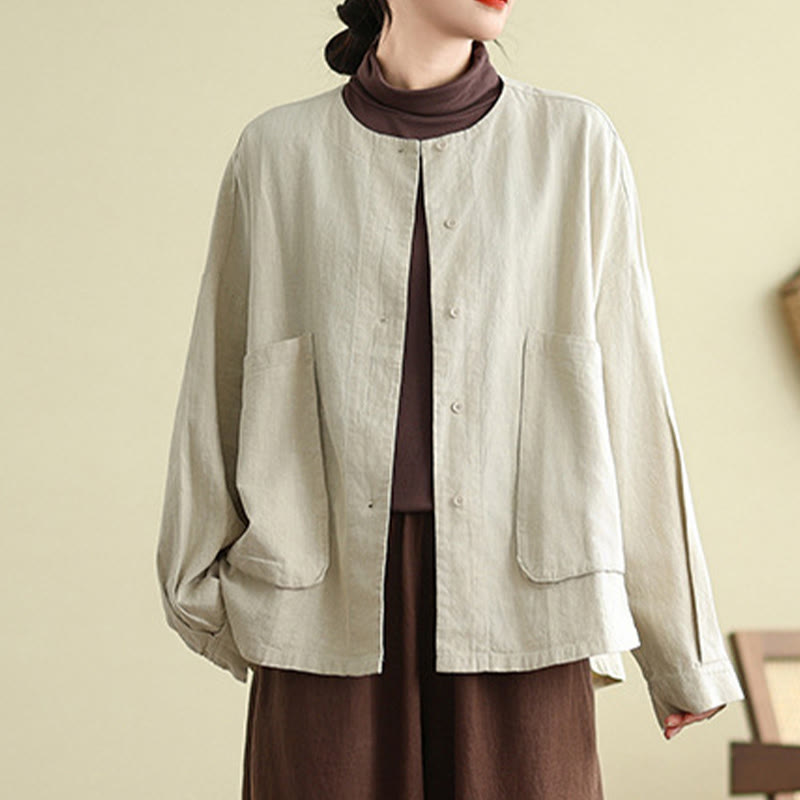Women's Long Sleeve Crew Neck Cotton Jacket With Pockets - Image 4