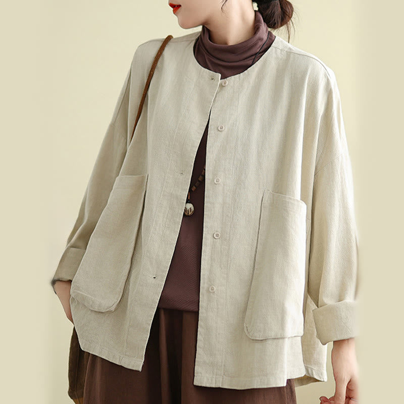 Women's Long Sleeve Crew Neck Cotton Jacket With Pockets - Image 5