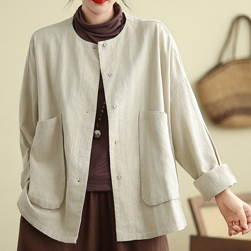 Women's Long Sleeve Crew Neck Cotton Jacket With Pockets