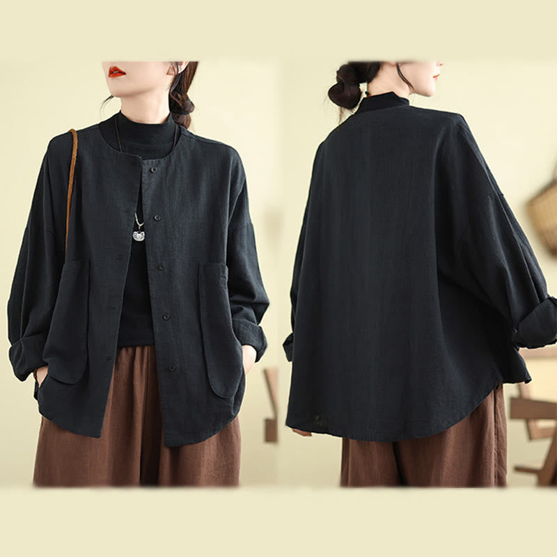 Women's Long Sleeve Crew Neck Cotton Jacket With Pockets - Image 15
