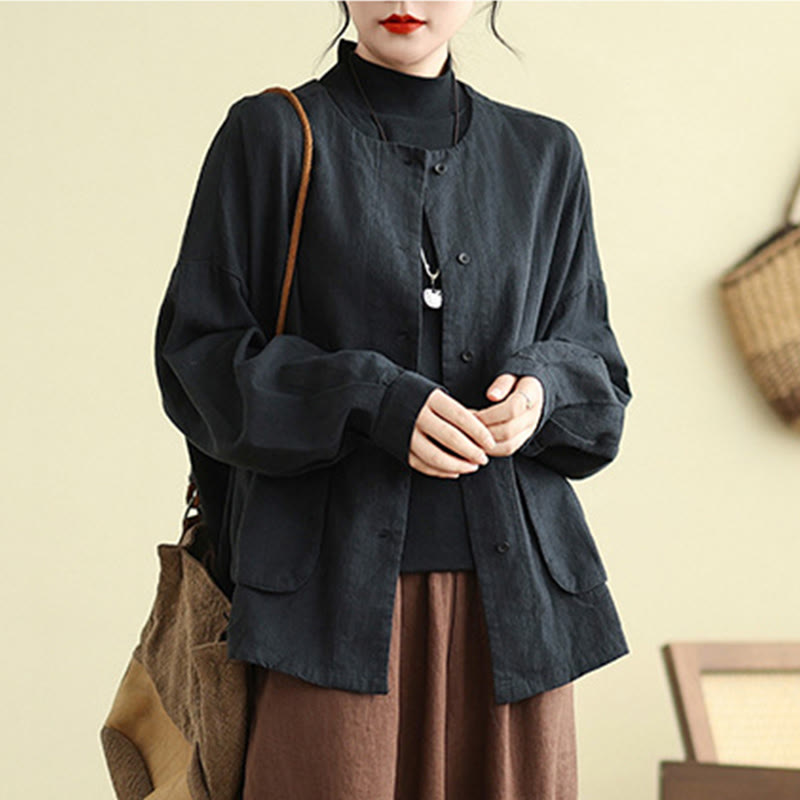 Women's Long Sleeve Crew Neck Cotton Jacket With Pockets - Image 12