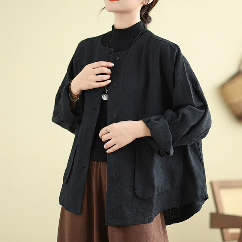 Women's Long Sleeve Crew Neck Cotton Jacket With Pockets - Image 13