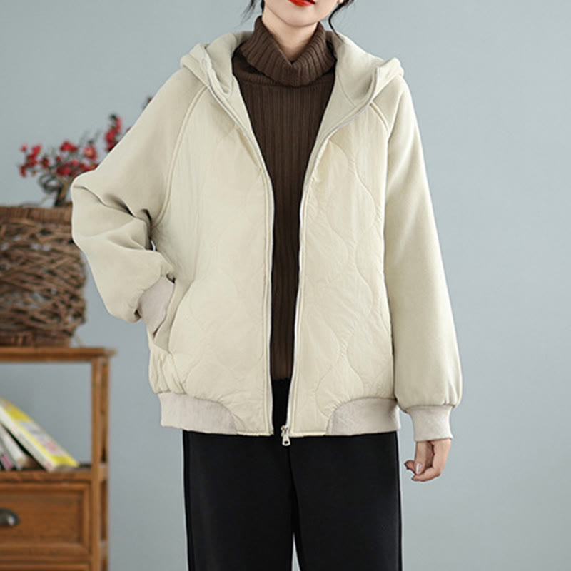 Women's Long Sleeve Thickened Warm Hood Cotton Jacket With Pockets - Image 3