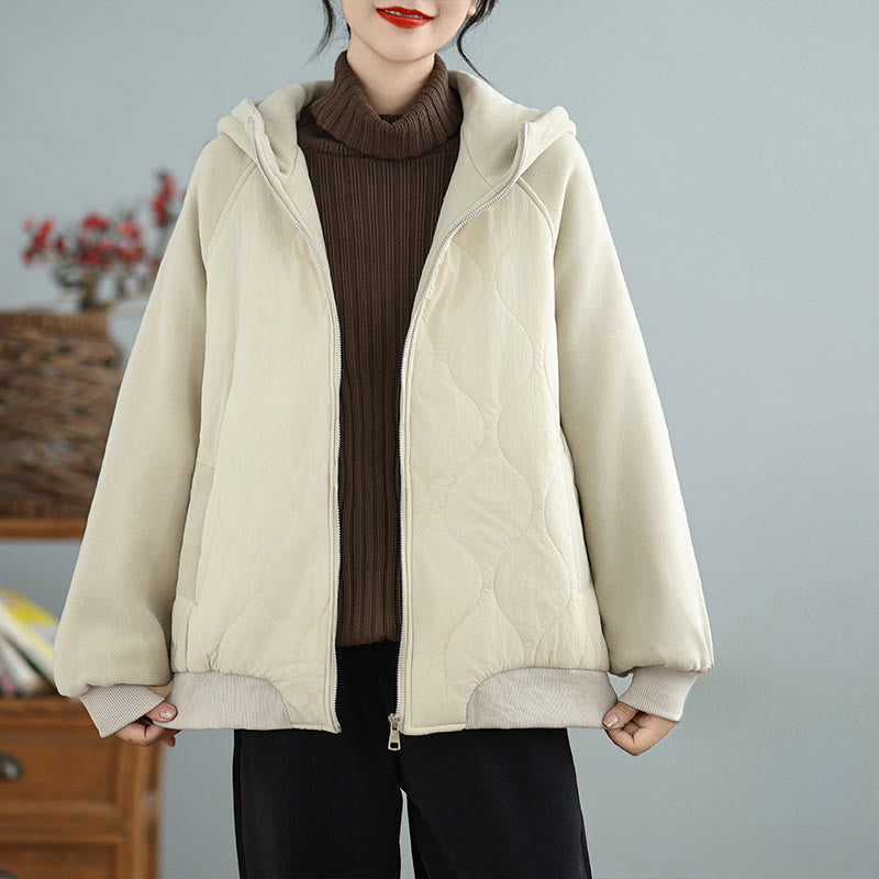 Women's Long Sleeve Thickened Warm Hood Cotton Jacket With Pockets