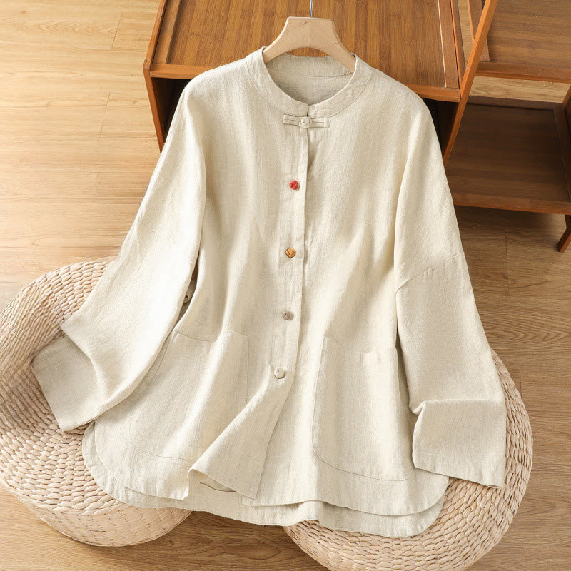 Casual Frog-button Women's Long Sleeve Cotton Polyester Shirt With Pockets