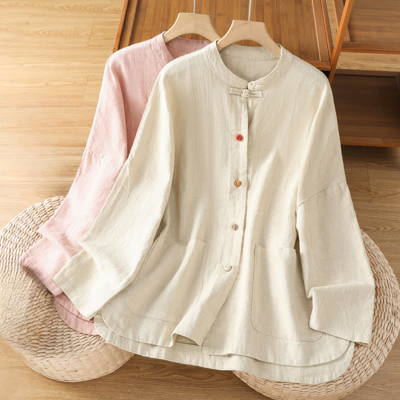 Casual Frog-button Women's Long Sleeve Cotton Polyester Shirt With Pockets - Image 18