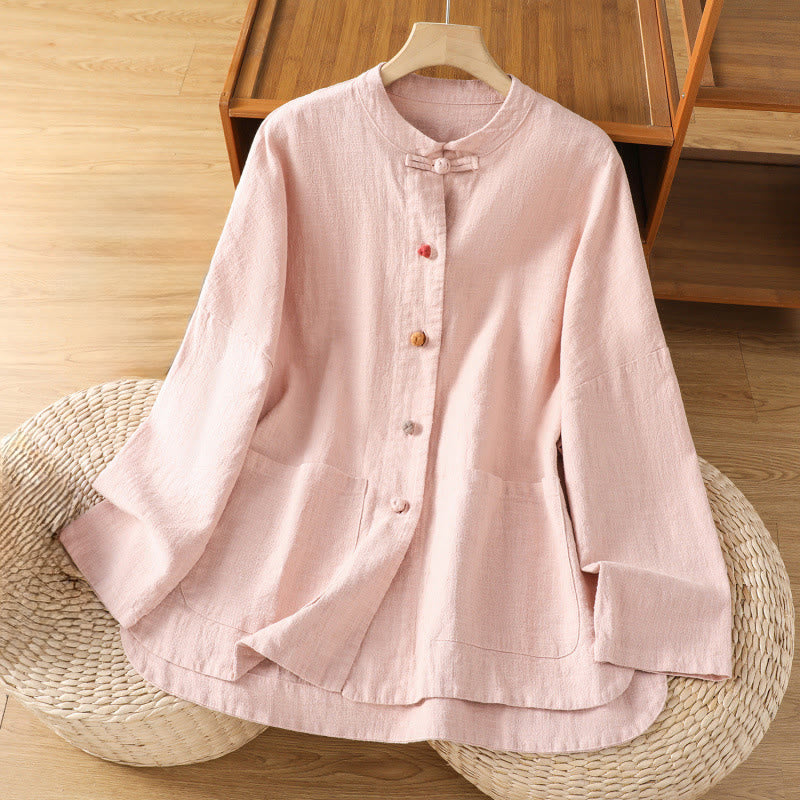 Casual Frog-button Women's Long Sleeve Cotton Polyester Shirt With Pockets - Image 9