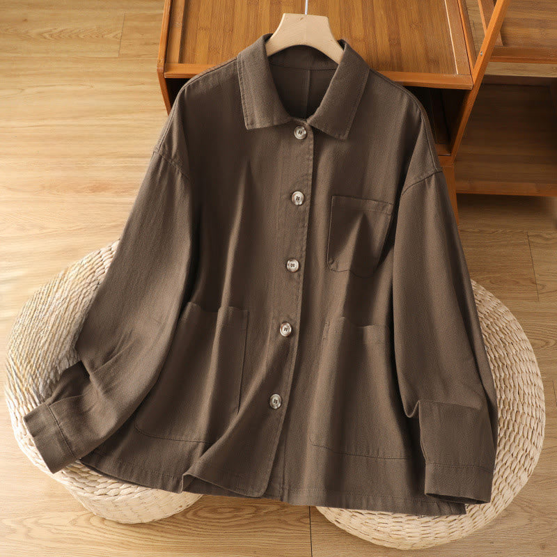 Casual Women's Long Sleeve Stand Collar Cotton Polyester Shirt With Pockets