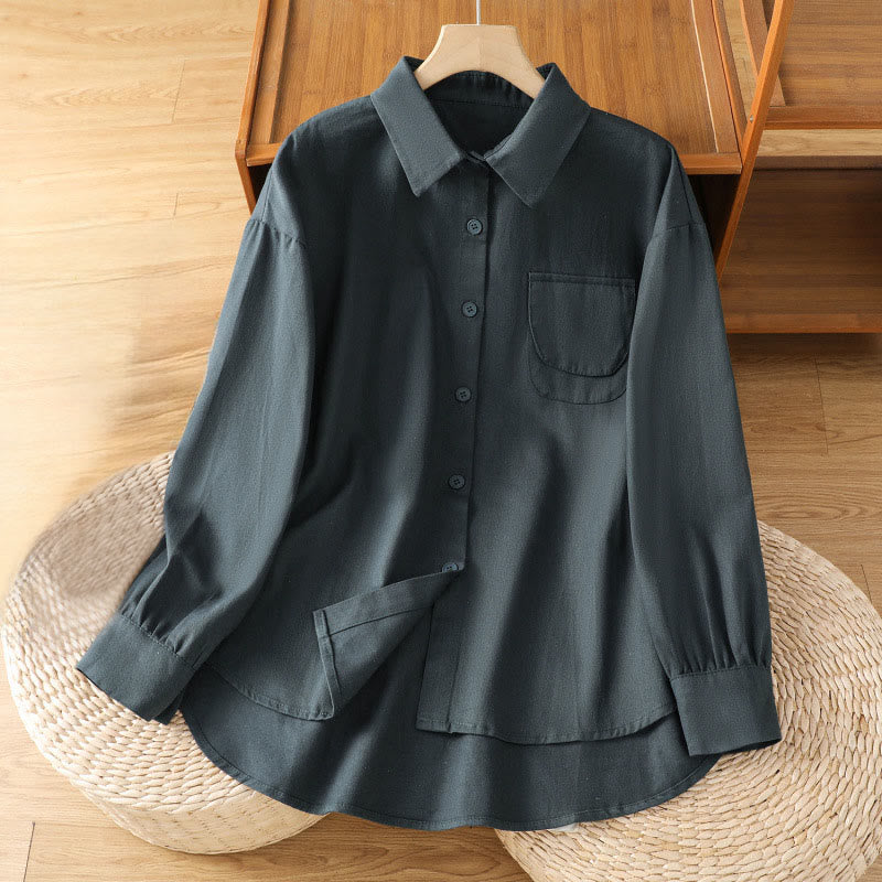 Casual Women's Long Sleeve Stand Collar Cotton Shirt With Pockets