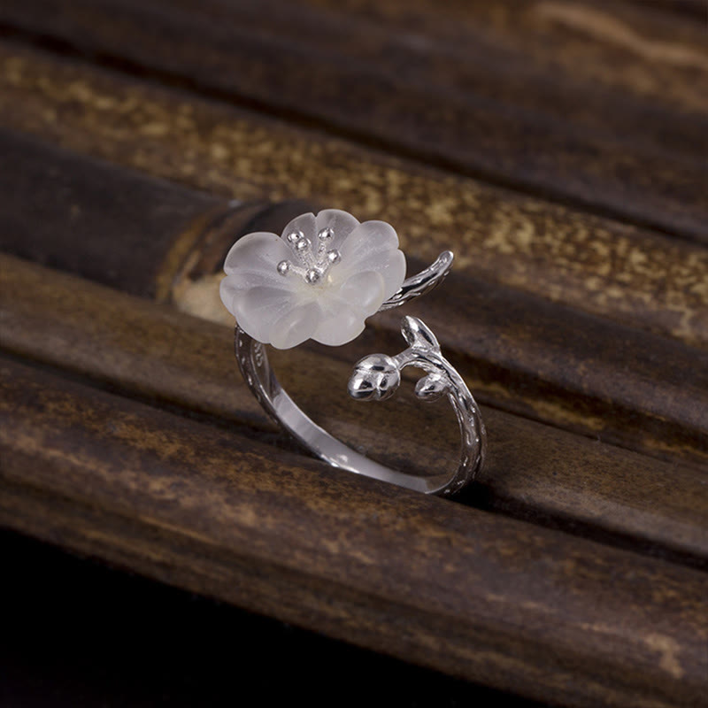 Natural White Crystal Flower 925 Sterling Silver Adjustable Healing Ring