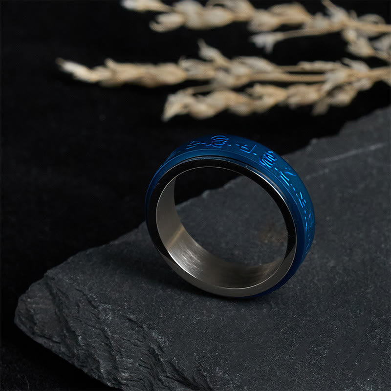 Tibetan Scriptures Blue Pharmacist Mantra Titanium Steel Spinner Balance Ring - Image 3