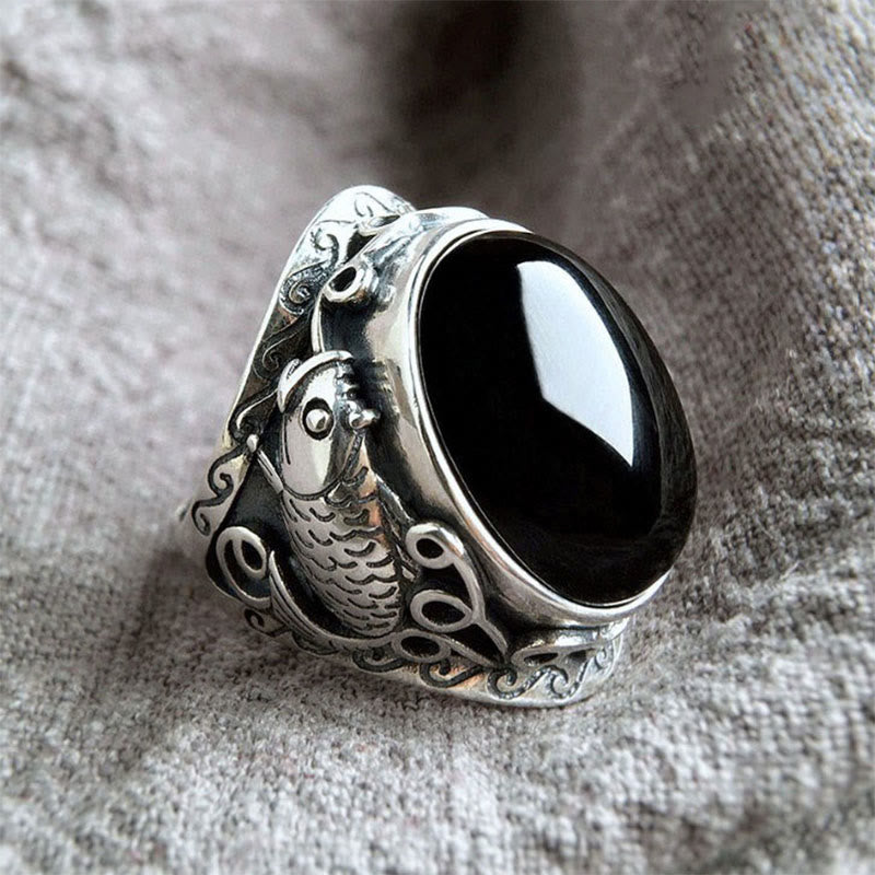 Black Obsidian Koi Fish Symbol Strength Adjustable Ring