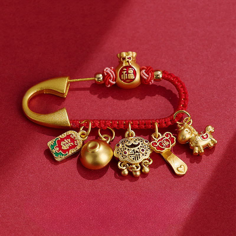 Horse Charm Fu Character Attract Fortune Ruyi Handle Brass Luck Brooch