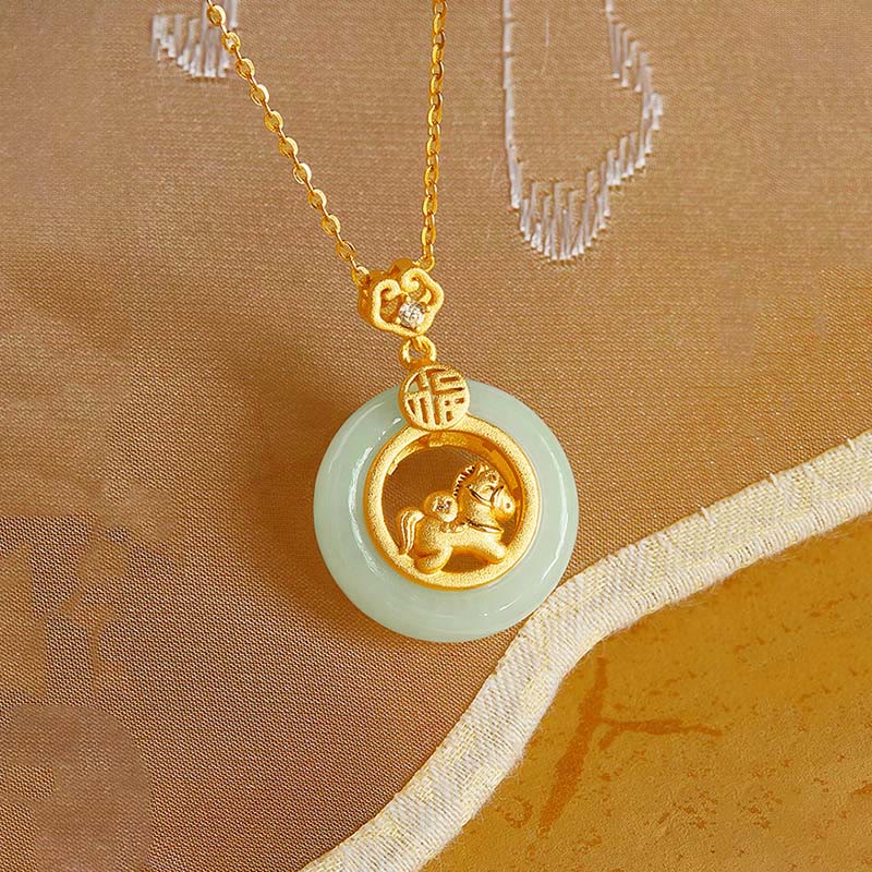 925 Sterling Silver Horse Hetian Jade Peace Buckle Fu Character Luck Necklace Pendant - Image 4