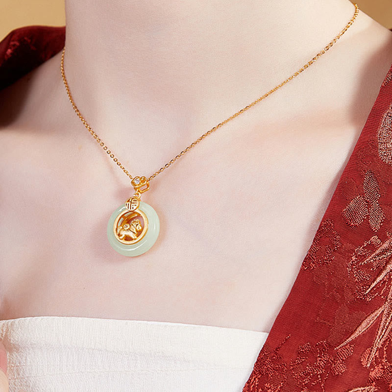 925 Sterling Silver Horse Hetian Jade Peace Buckle Fu Character Luck Necklace Pendant - Image 13