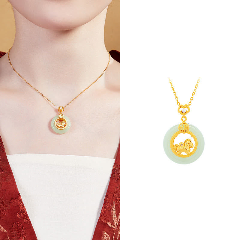 925 Sterling Silver Horse Hetian Jade Peace Buckle Fu Character Luck Necklace Pendant - Image 14