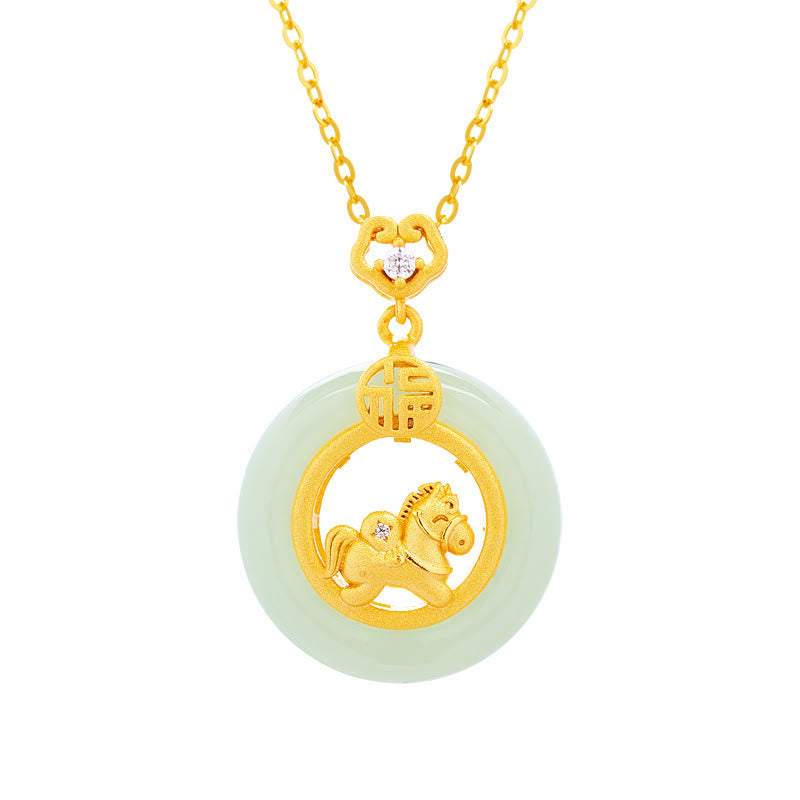 925 Sterling Silver Horse Hetian Jade Peace Buckle Fu Character Luck Necklace Pendant - Image 6
