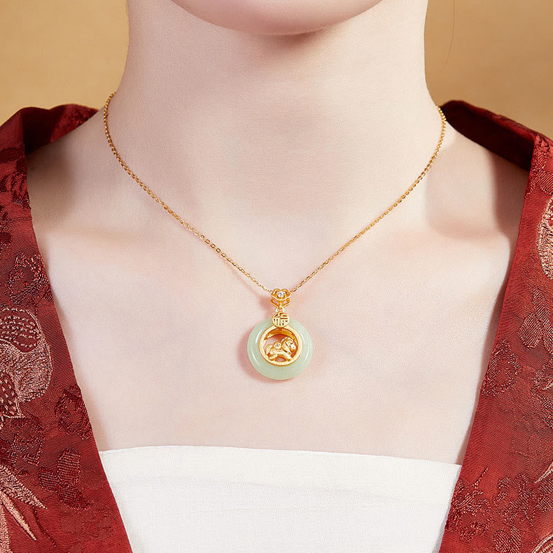 925 Sterling Silver Horse Hetian Jade Peace Buckle Fu Character Luck Necklace Pendant - Image 11