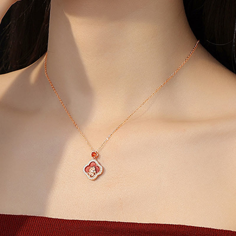 925 Sterling Silver Horse Charm Four Leaf Clover Red Agate Calm Necklace Pendant - Image 5