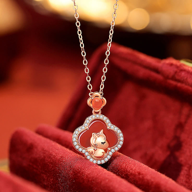925 Sterling Silver Horse Charm Four Leaf Clover Red Agate Calm Necklace Pendant - Image 3