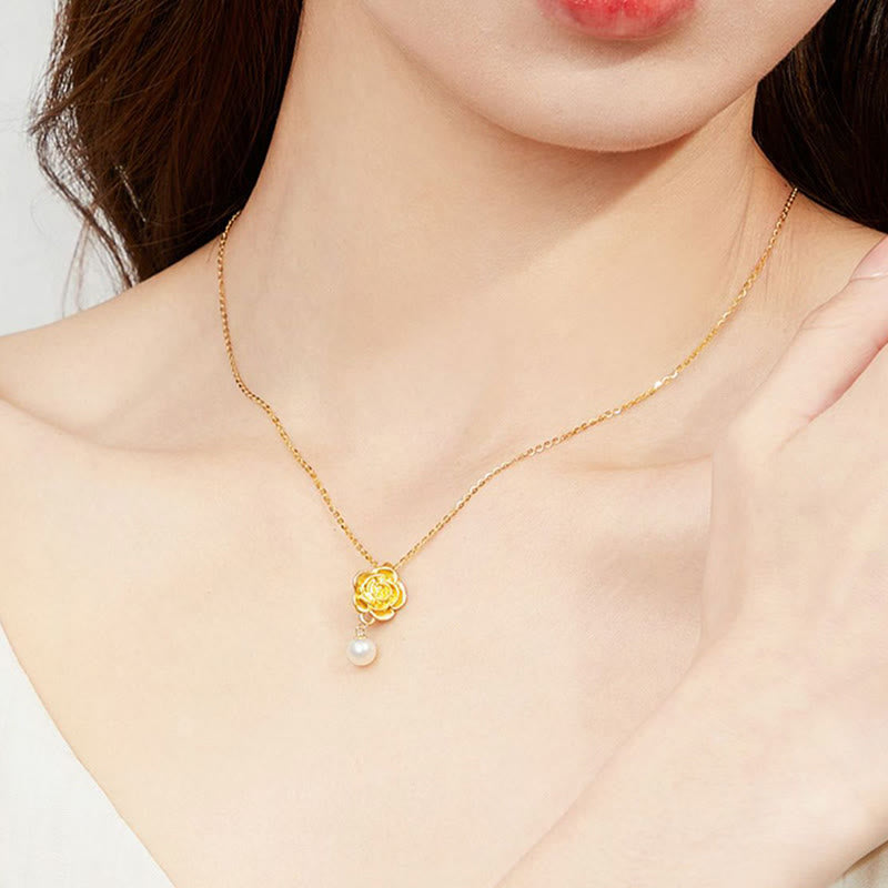 999 Sterling Silver Plated Gold Camellia Pearl Healing Necklace Pendant - Image 5