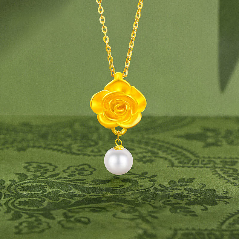999 Sterling Silver Plated Gold Camellia Pearl Healing Necklace Pendant - Image 3