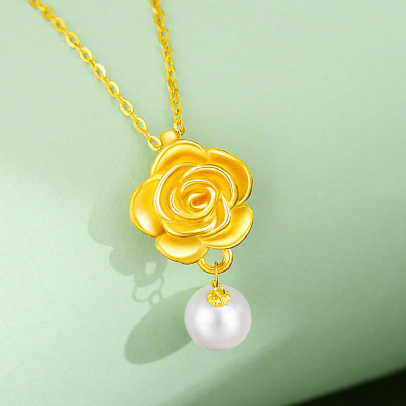 999 Sterling Silver Plated Gold Camellia Pearl Healing Necklace Pendant - Image 4