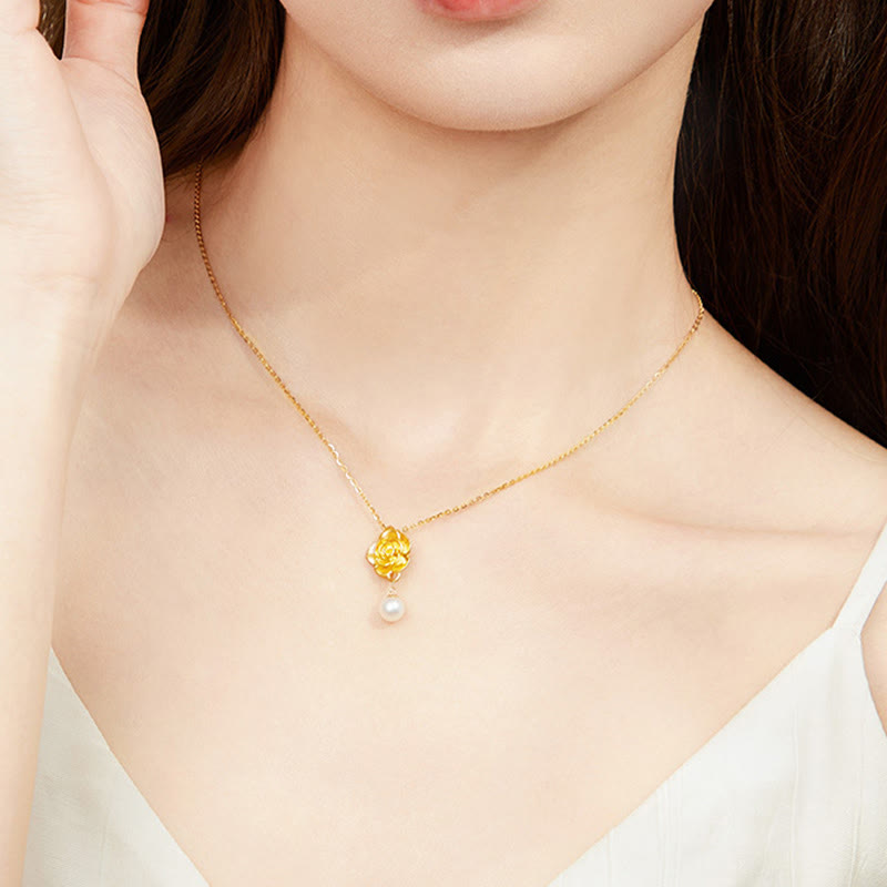 999 Sterling Silver Plated Gold Camellia Pearl Healing Necklace Pendant - Image 8