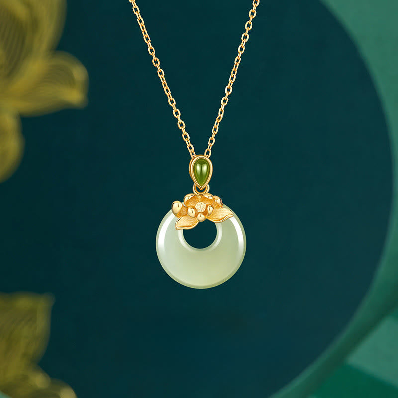 925 Sterling Silver Plated Gold Hetian Jade Lotus Luck Necklace Pendant