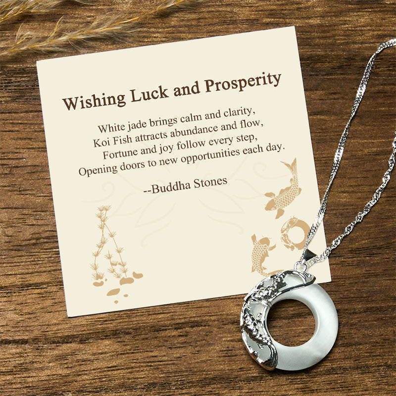 "Wishing Luck and Prosperity" White Jade Koi Fish Necklace Includes Gift Message Card