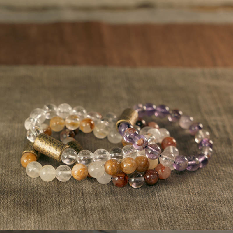White Crystal Red Hematoid Quartz Gold Rutilated Quartz Purple Phantom Protection Bracelet - Image 33