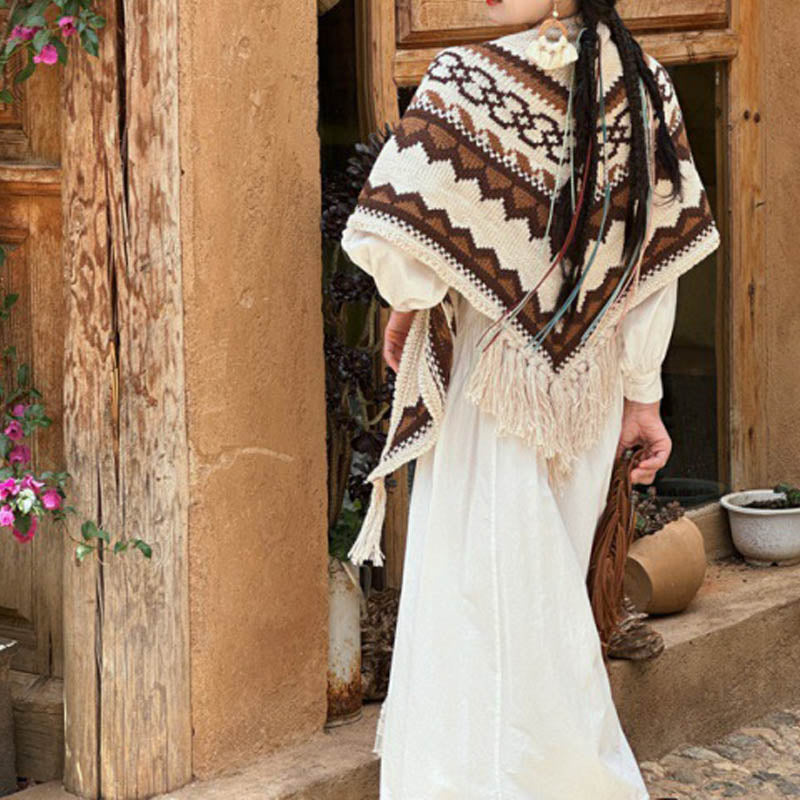 Tibetan Striped Brown Beige Tassel Shawl Winter Cozy Travel Scarf Wrap