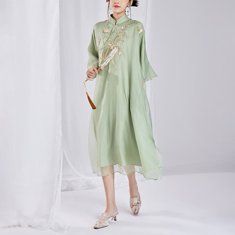 100% Mulberry Silk 6 Momme Dress Vintage Flower Butterfly Embroidery Qipao Dress Women's Cheongsam Dress - Image 12