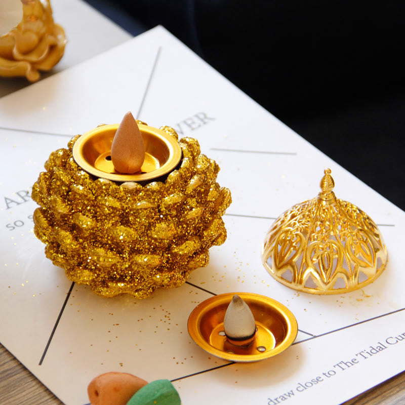 Gold Pine Cone Pattern Spiritual Rituals Mini Incense Burner Home Tabletop Decor - Image 7